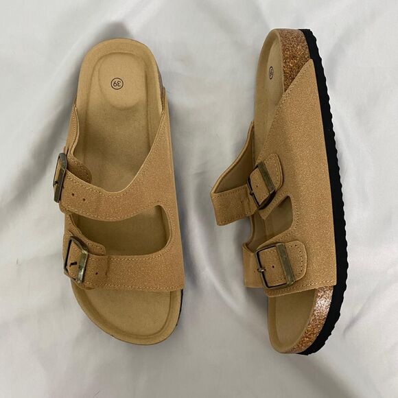 Boho Tan Brown Faux Suede Brassy Gold Buckle Sandals / Slides EU 39 US 8.5 - Picture 1 of 5